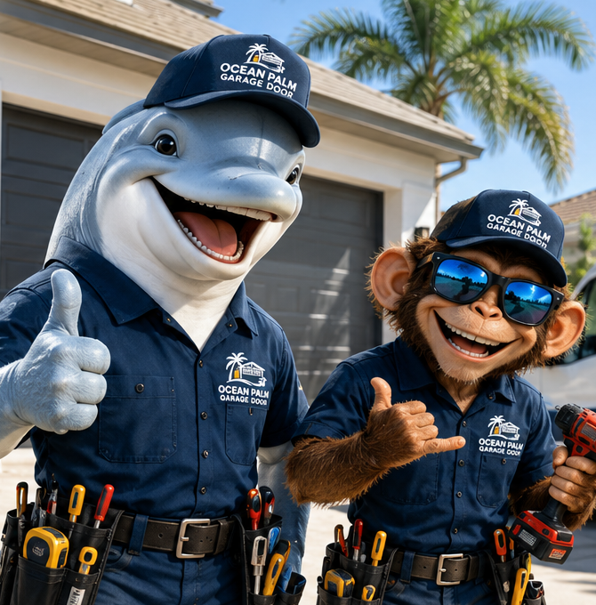 Ocean Palm Garage Door Service dolphin and monkey technicians in front of a Florida home
